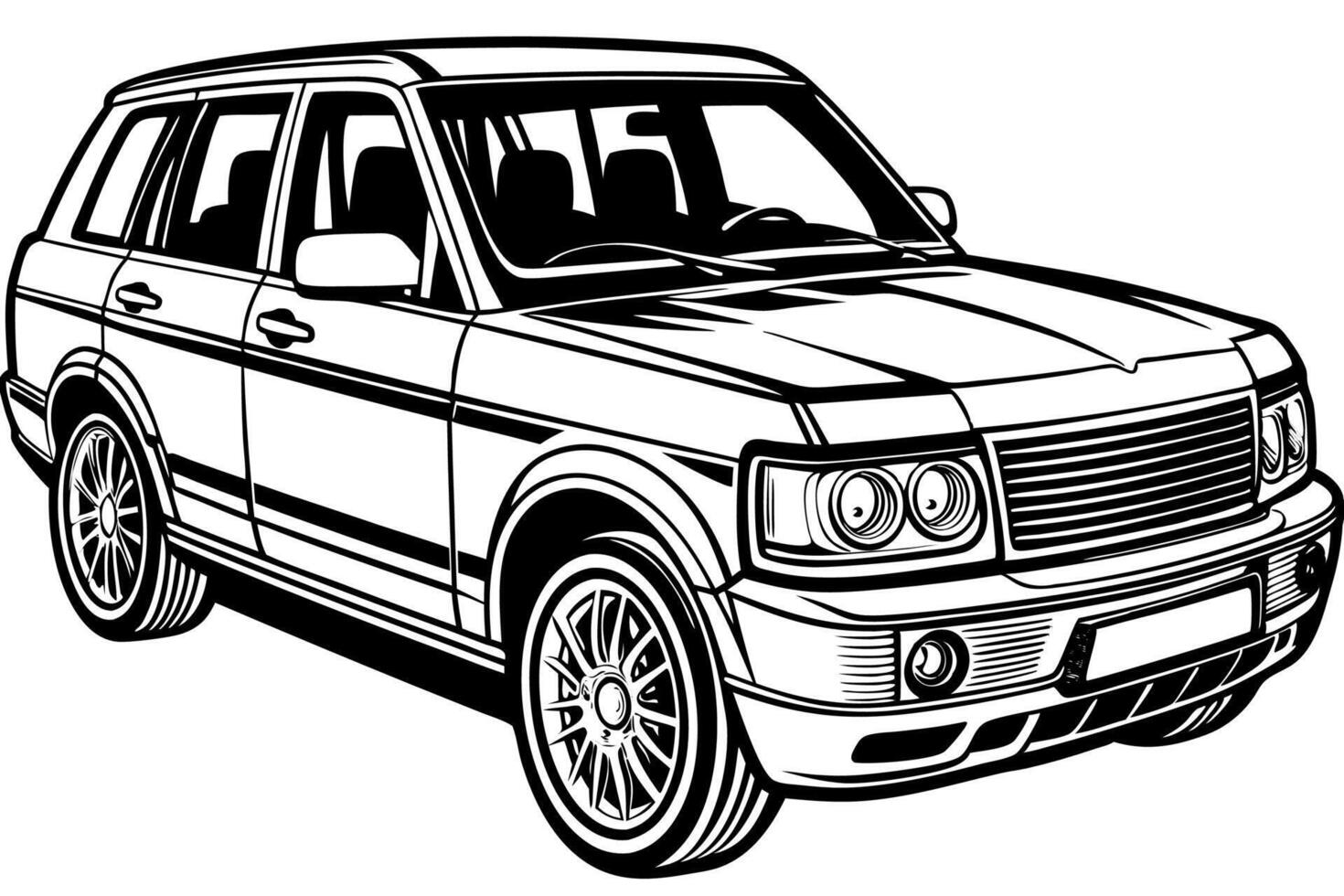 Range Rover Car Illustration White Background, Cartoon, Clipart, Line Art Design, Range Rover car illustration with a white background in cartoon, clipart, and line art style. vector