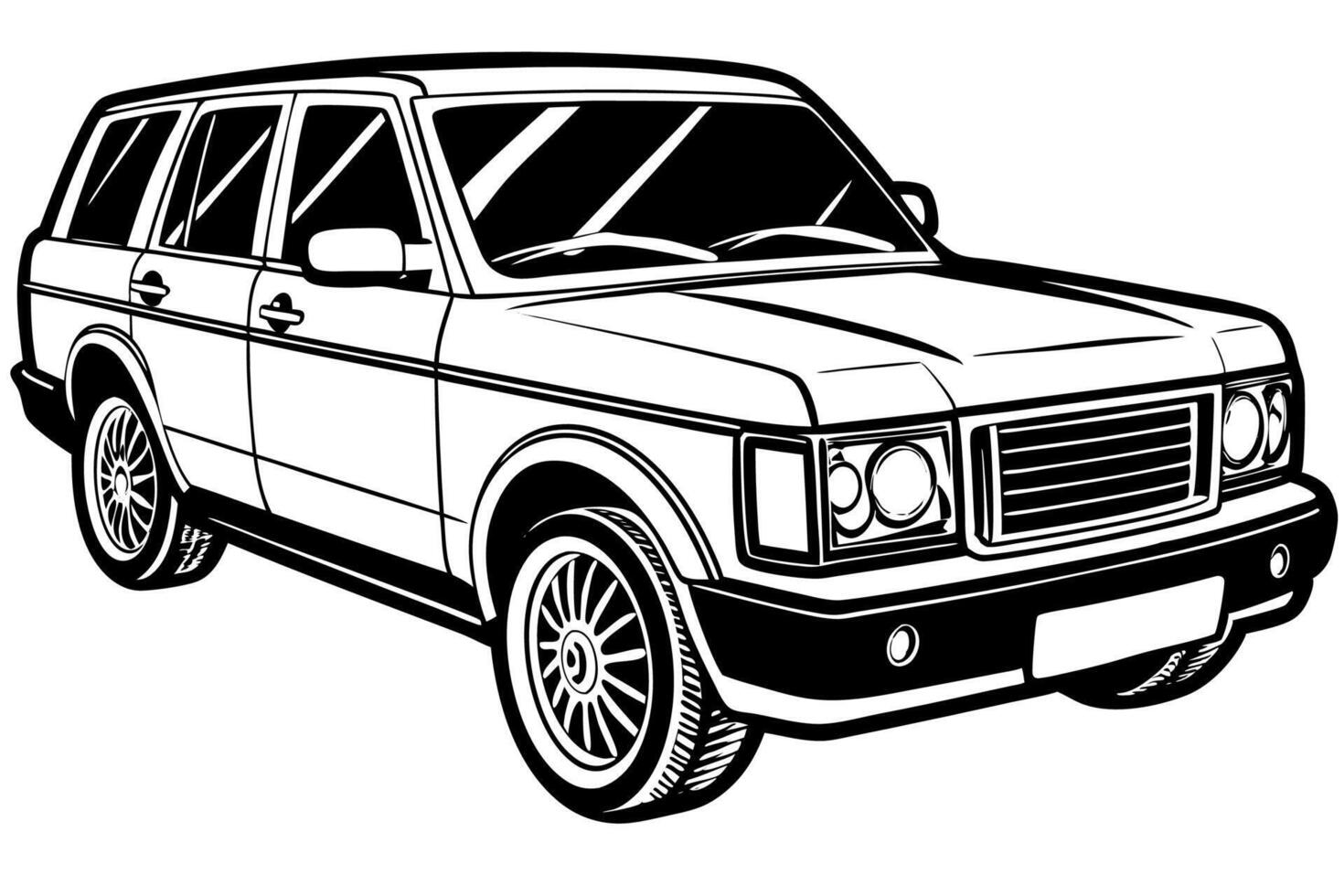 Range Rover Car Illustration White Background, Cartoon, Clipart, Line Art Design, Range Rover car illustration with a white background in cartoon, clipart, and line art style. vector