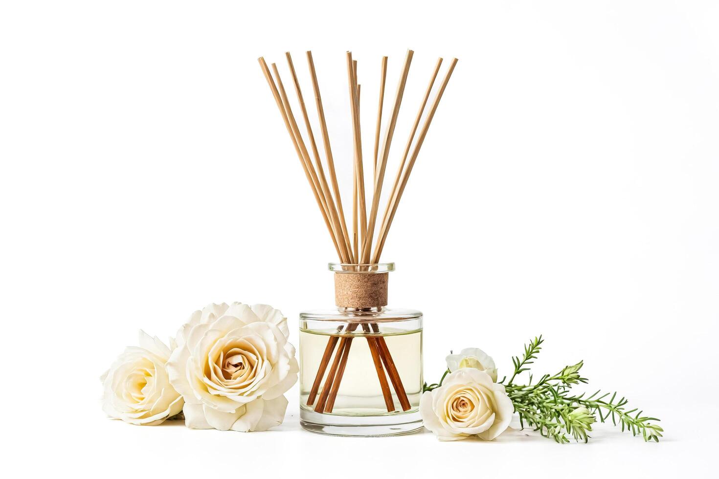 White Roses and Reed Diffuser on White Background photo