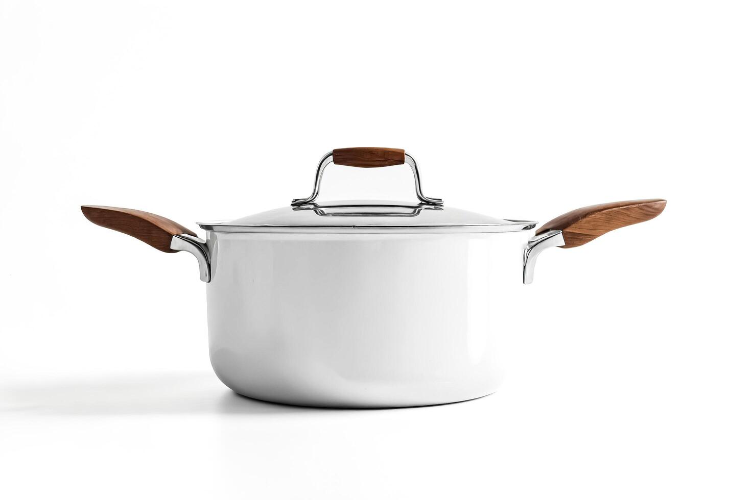 Stainless Steel Pot with Wooden Handles on White Background photo