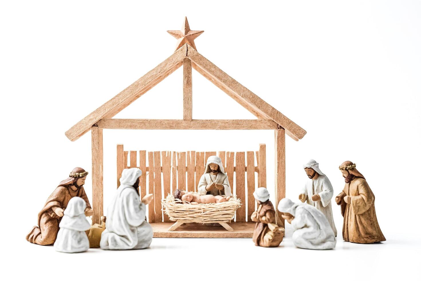 Nativity Scene with Wooden Stable and Figures photo