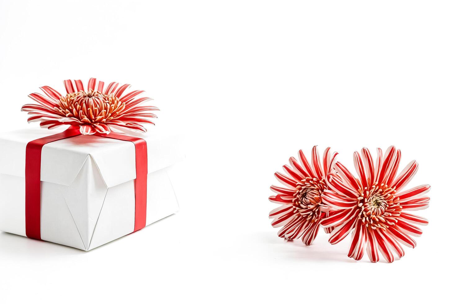 White gift box with red ribbon and red and white striped flowers photo