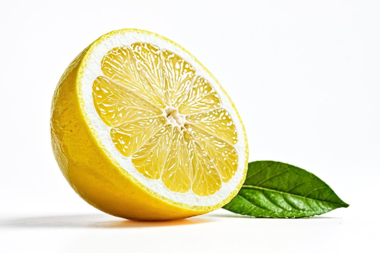 Fresh Lemon Slice with Green Leaf on White Background photo