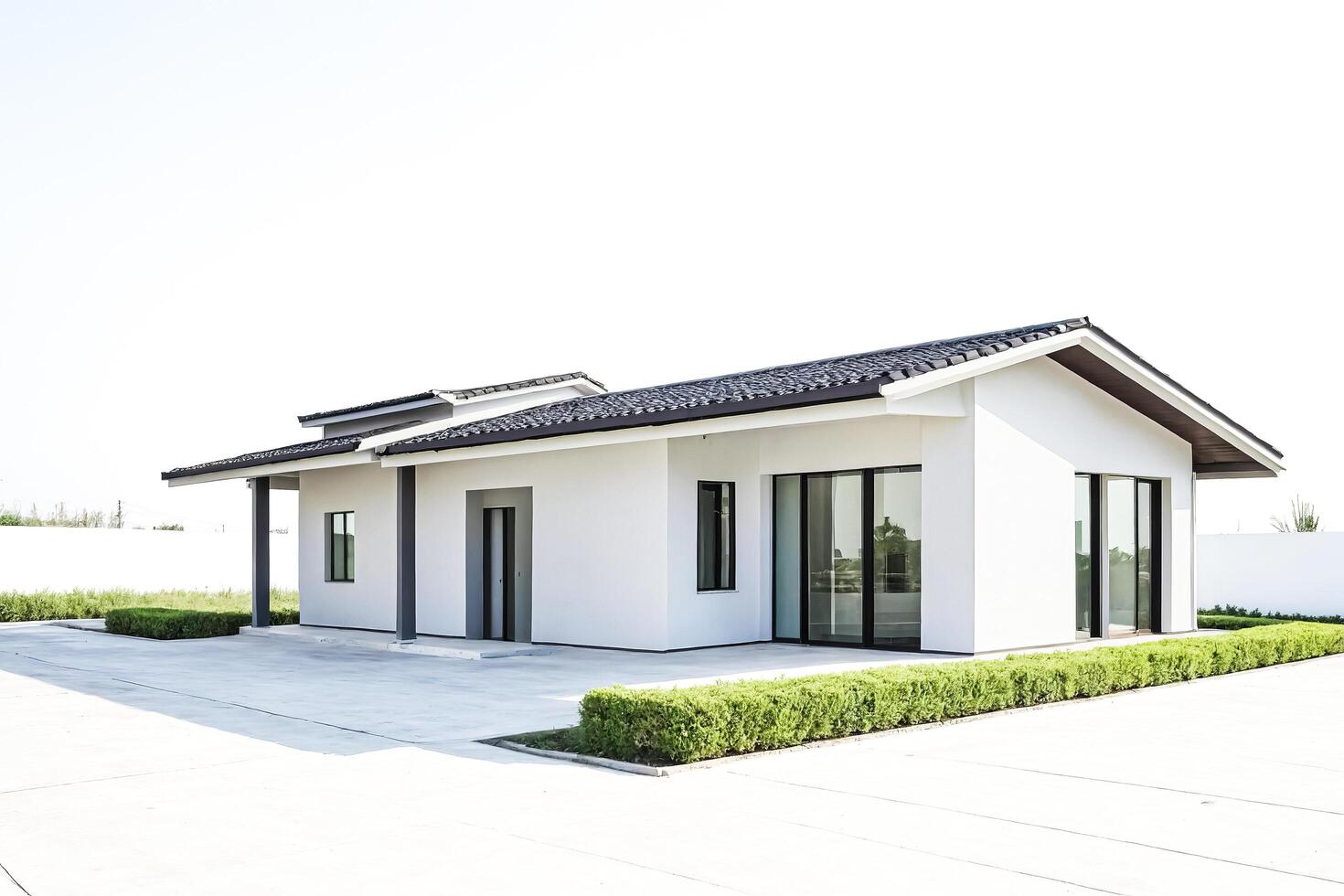 Modern House with White Walls and Black Roof photo