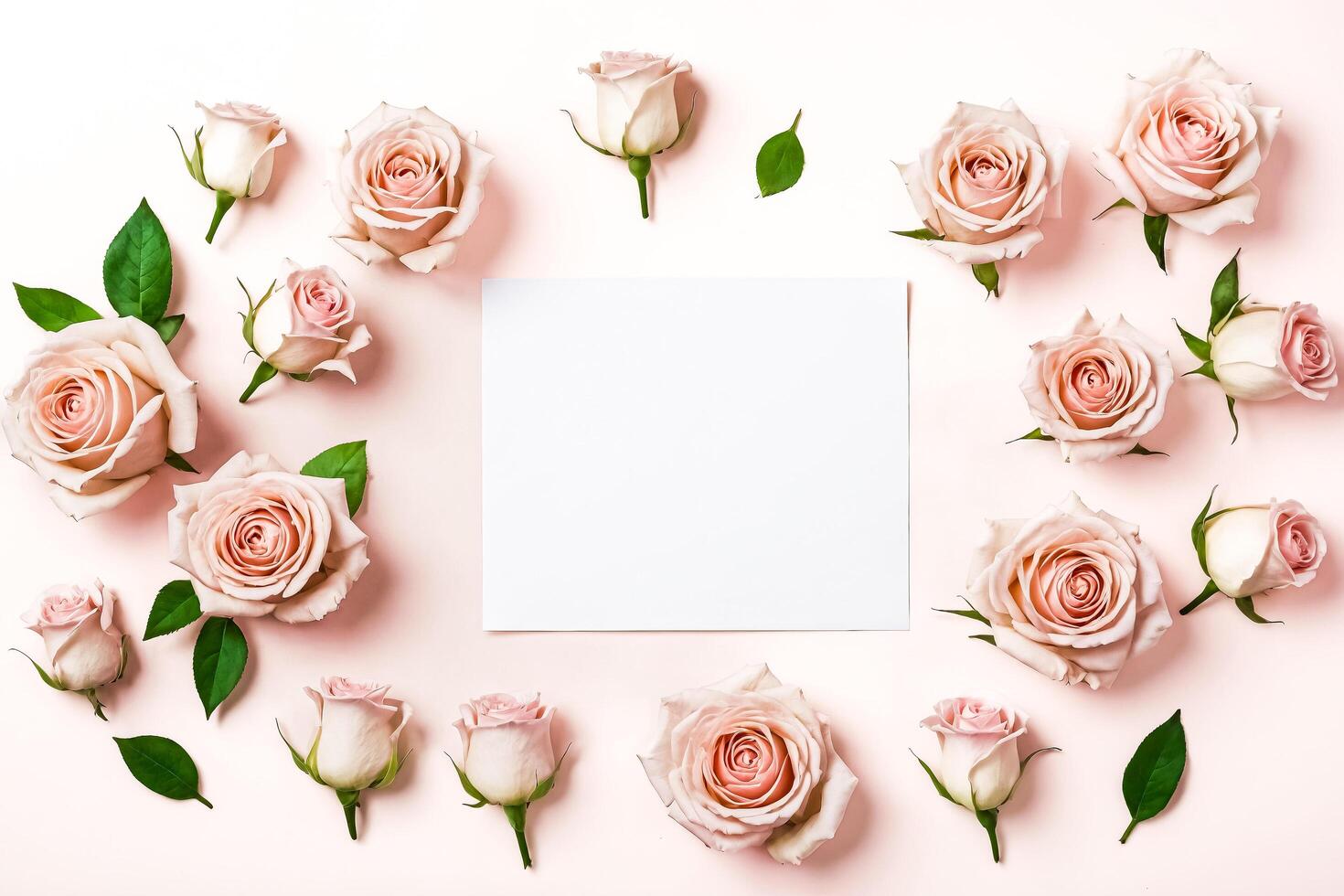 Elegant Pink Roses with White Card on Pink Background photo