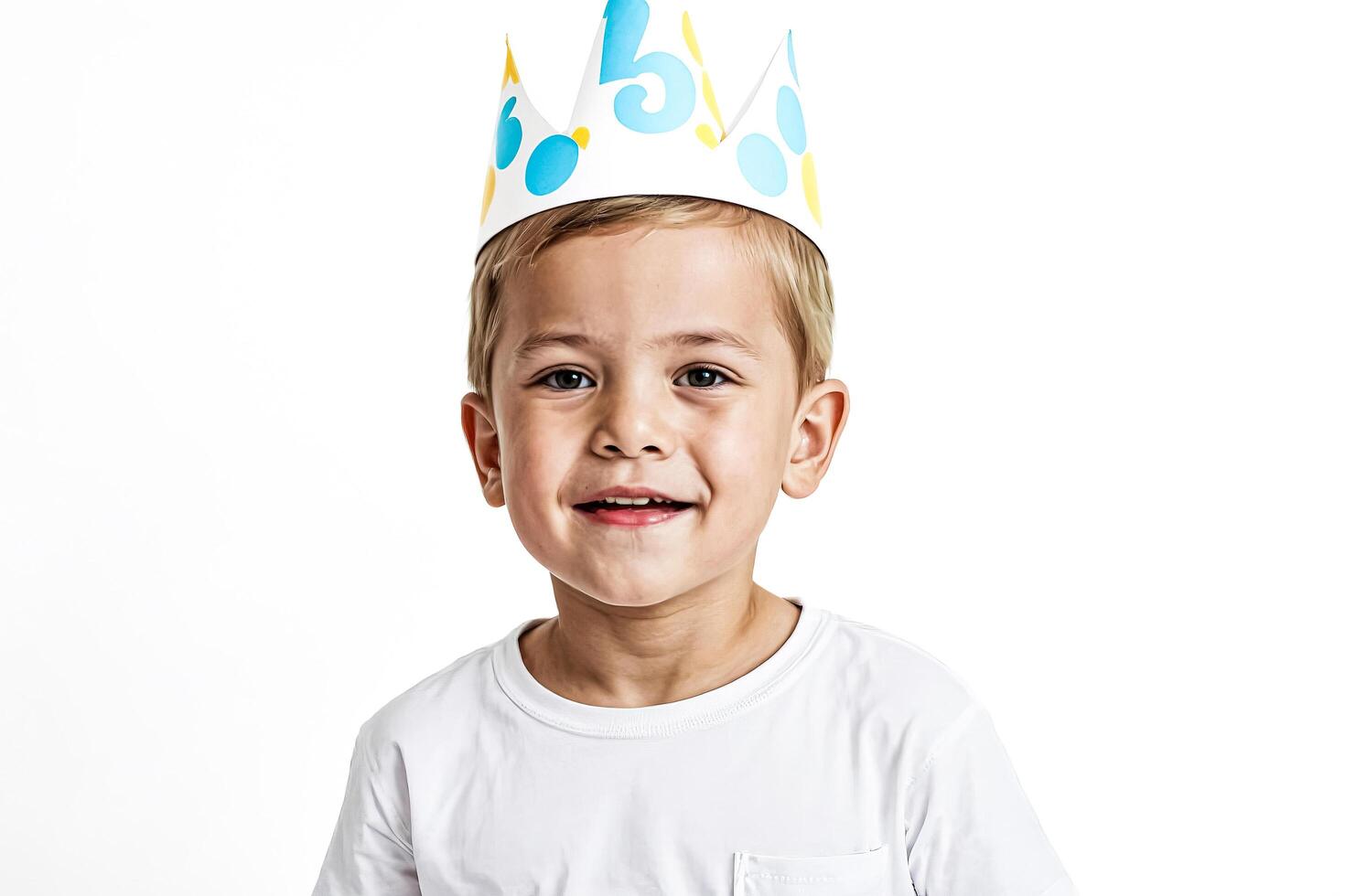 Happy little boy wearing a birthday crown photo