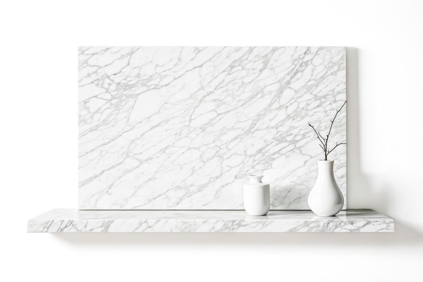 Minimalist marble shelf with vases and twig photo