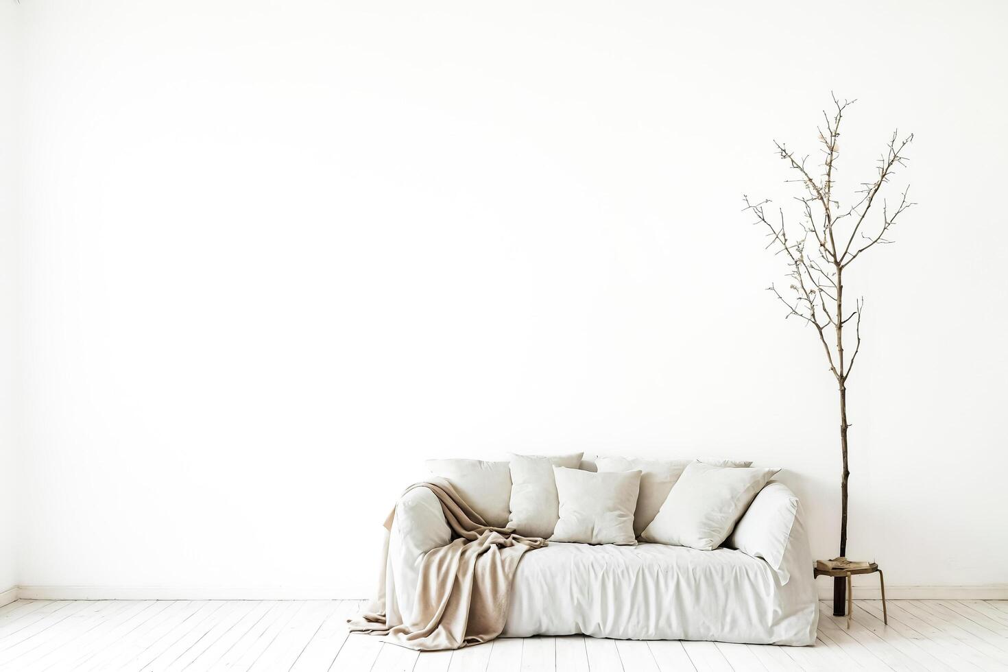 Minimalist Living Room with White Sofa and Wooden Branch photo