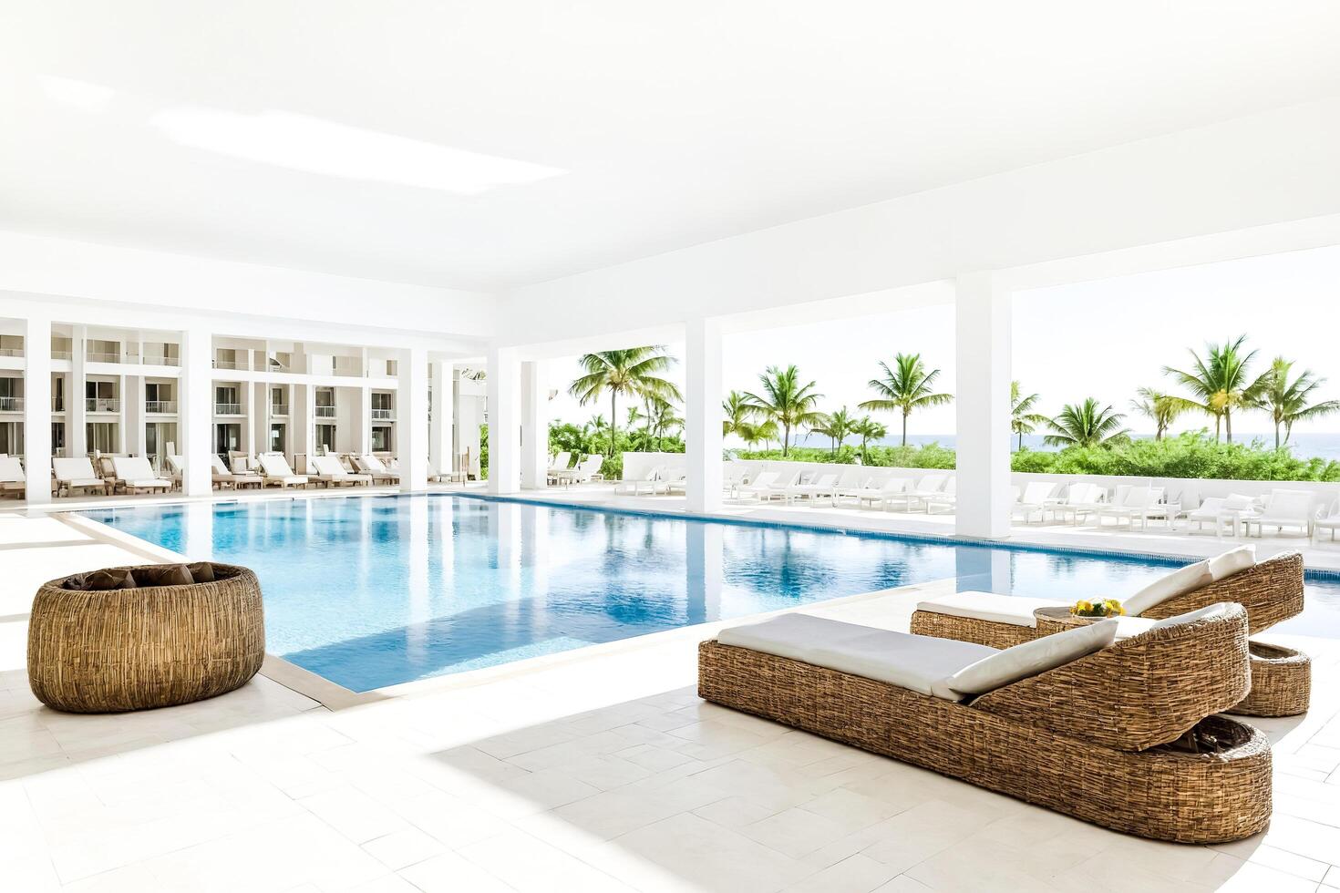 Luxury Resort Pool with Wicker Loungers and Palm Trees photo