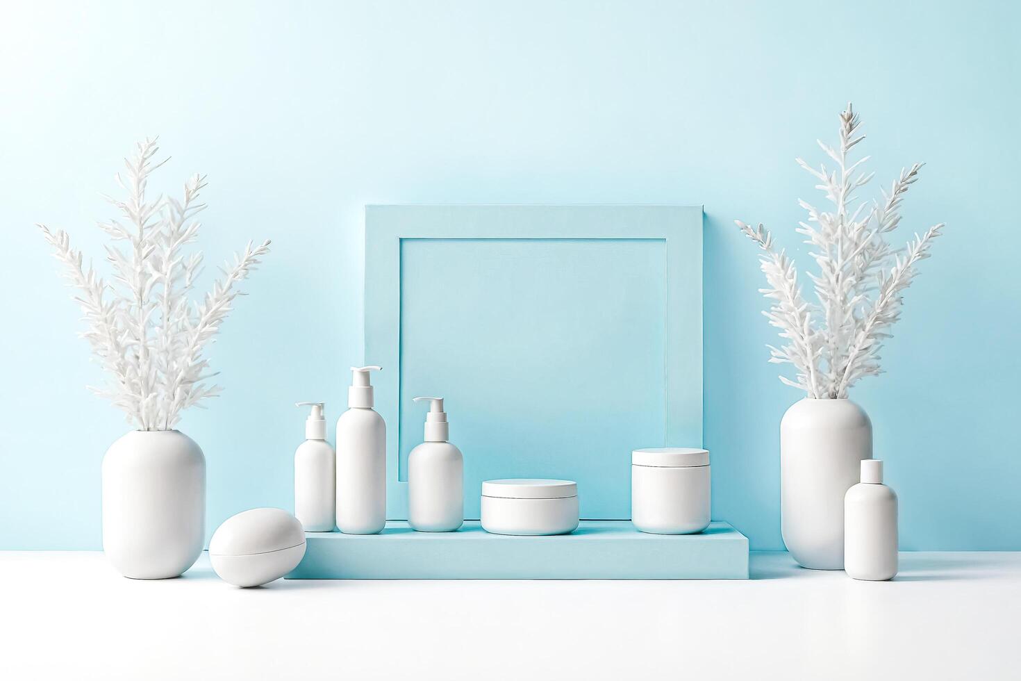 Minimalist Beauty Products on a Blue Background photo