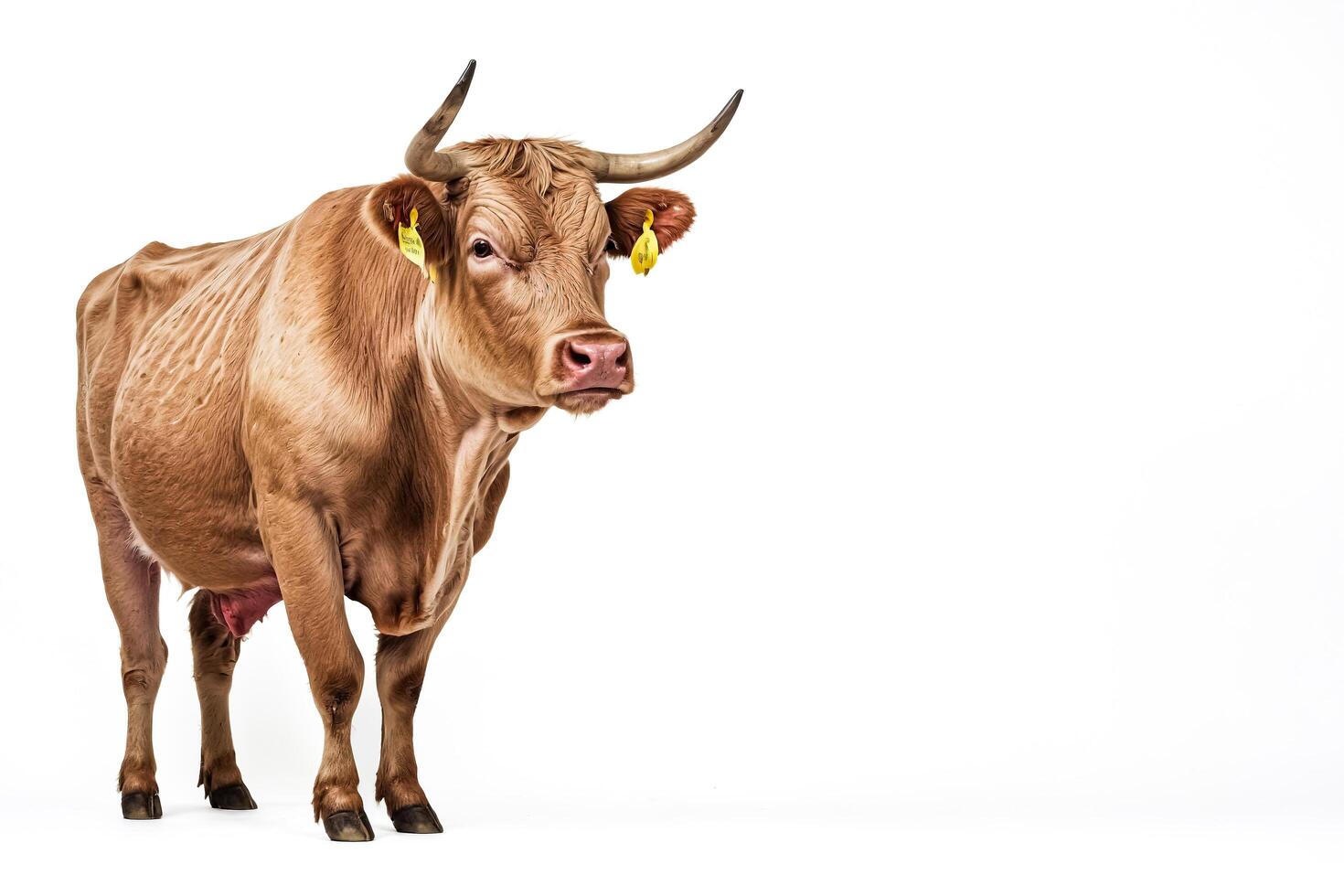 Brown Cow with Horns Standing on a White Background photo