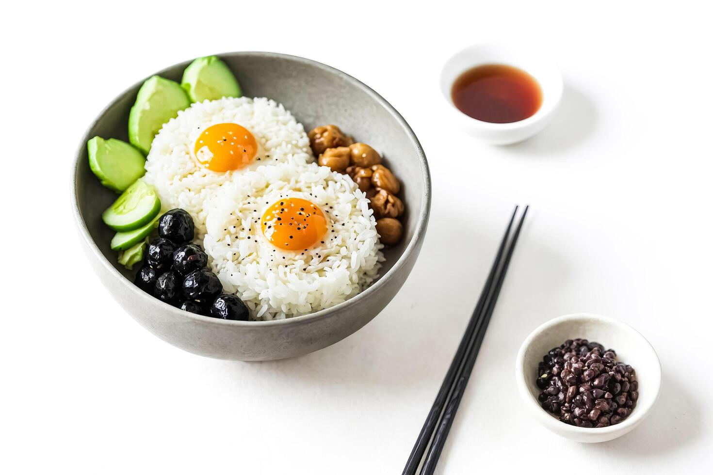 Rice bowl with egg, cucumber, black beans and soy sauce photo