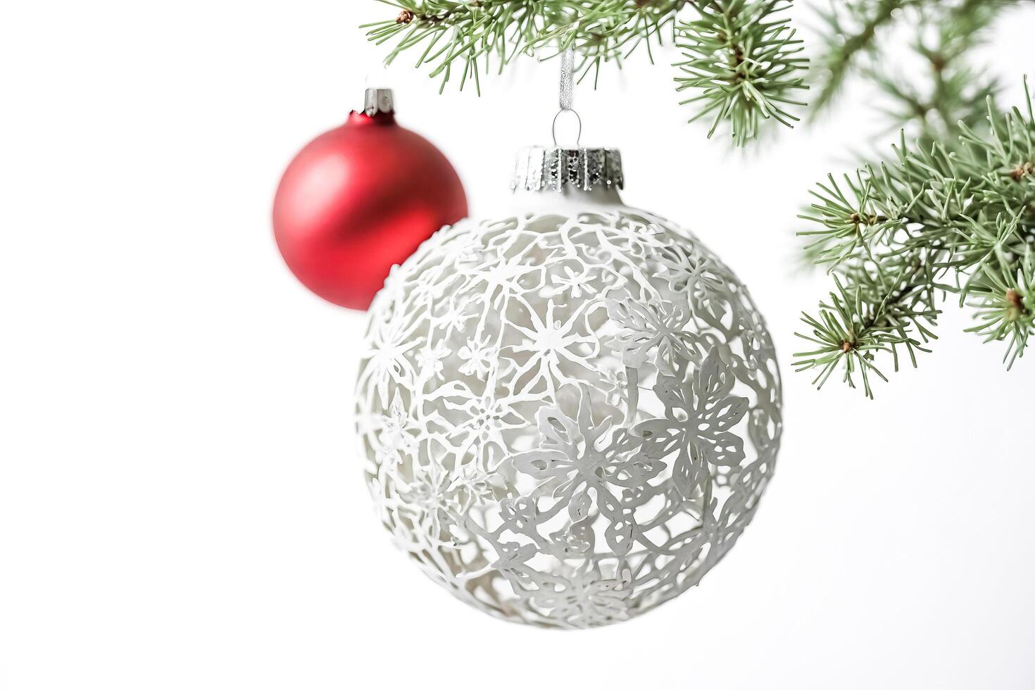 White and Red Christmas Ornaments with Pine Branch photo