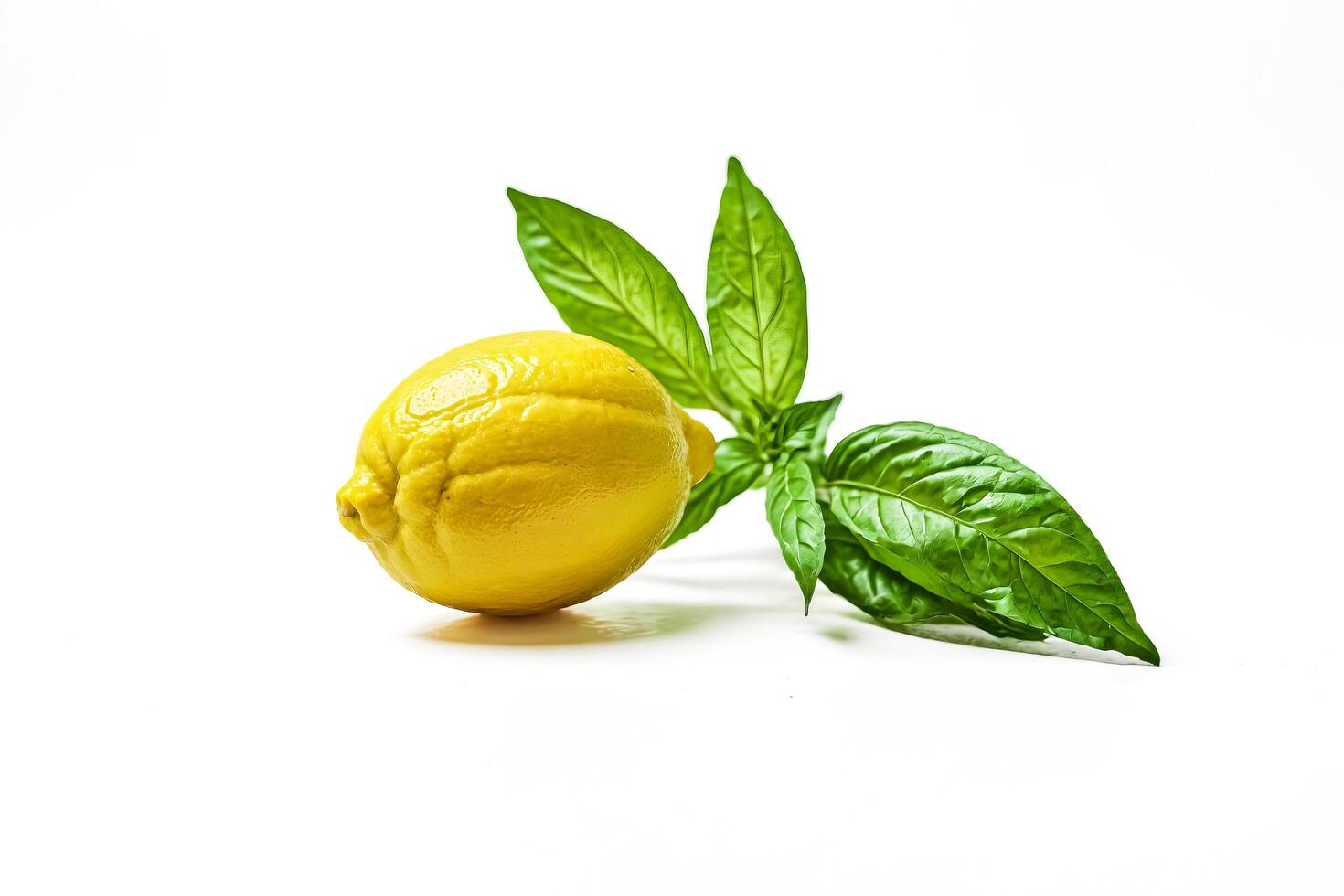 Closeup of a single lemon with green leaves on a white background photo