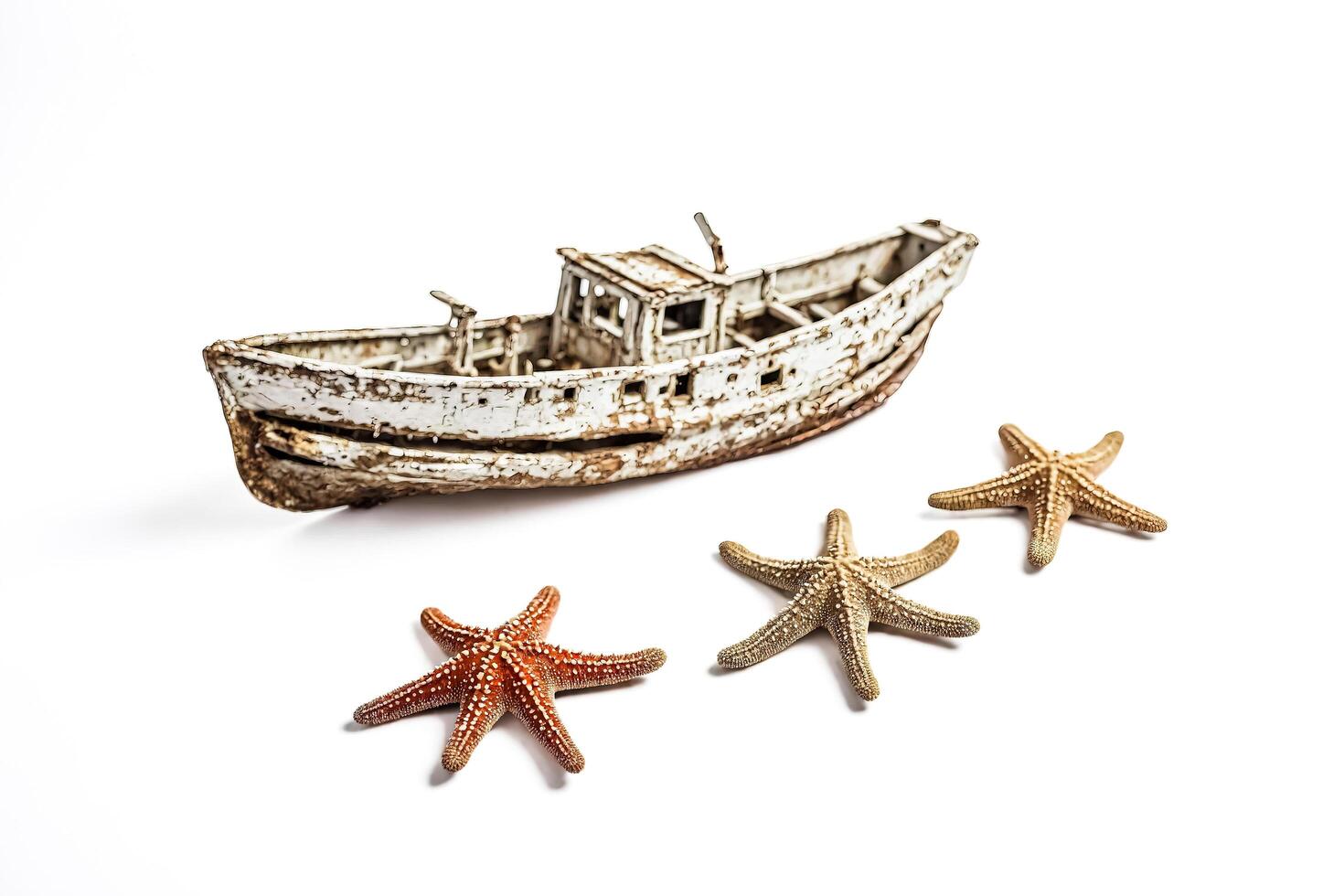 Rustic Wooden Boat and Starfish on White Background photo