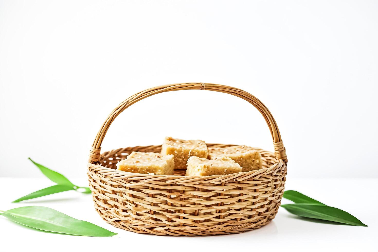 Wicker basket with sesame seed candy on white background photo
