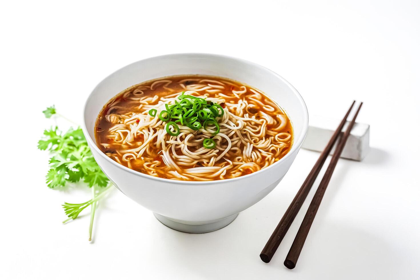 Close-up of a bowl of noodle soup with chopsticks photo