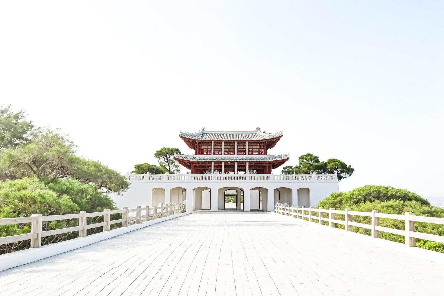 Traditional Chinese Architecture Bridge With White Wooden Planks photo