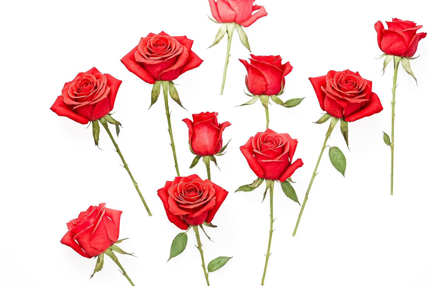 Red Roses Scattered on White Background photo