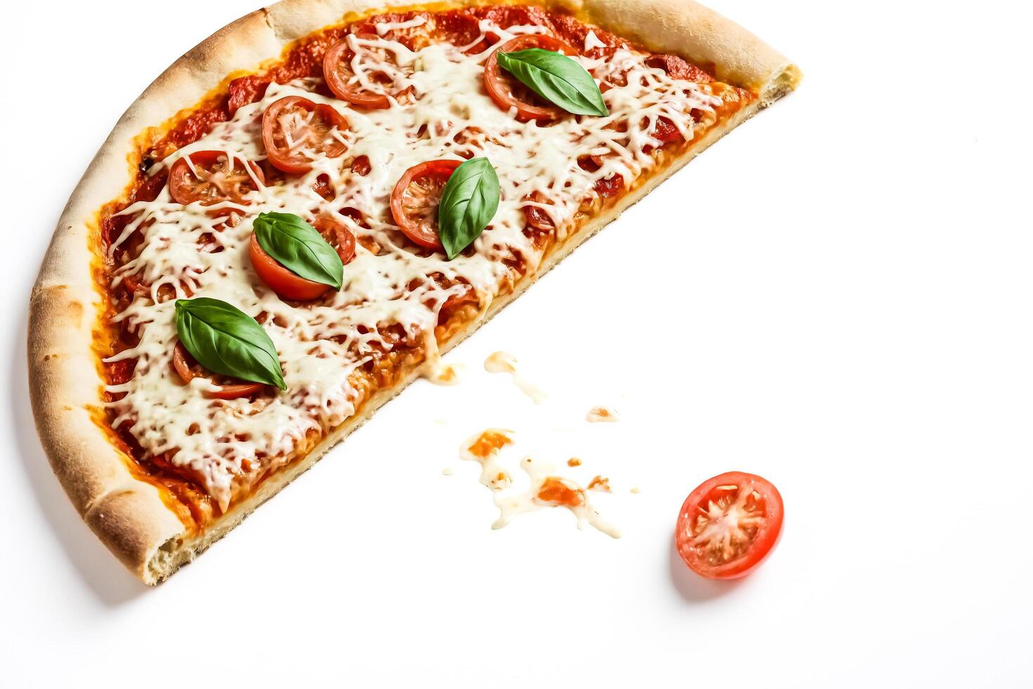 Half-eaten pizza slice with mozzarella cheese, tomatoes and basil photo