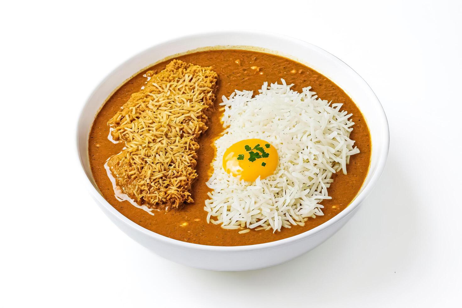 Delicious Japanese Curry Rice with Fried Chicken and Egg Yolk photo