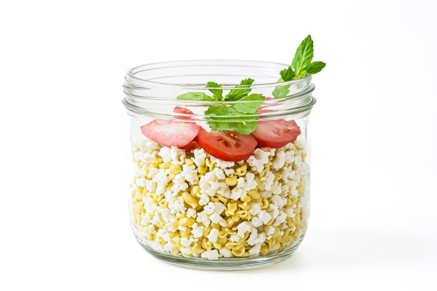Glass jar with pasta, tomato and mint photo