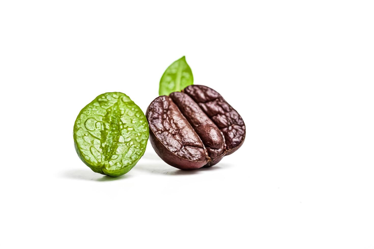 Closeup of a Coffee Bean and a Green Coffee Bean with a Leaf photo