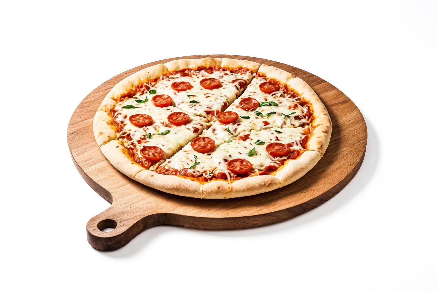 Delicious Pizza with Cherry Tomatoes and Basil on Wooden Cutting Board photo