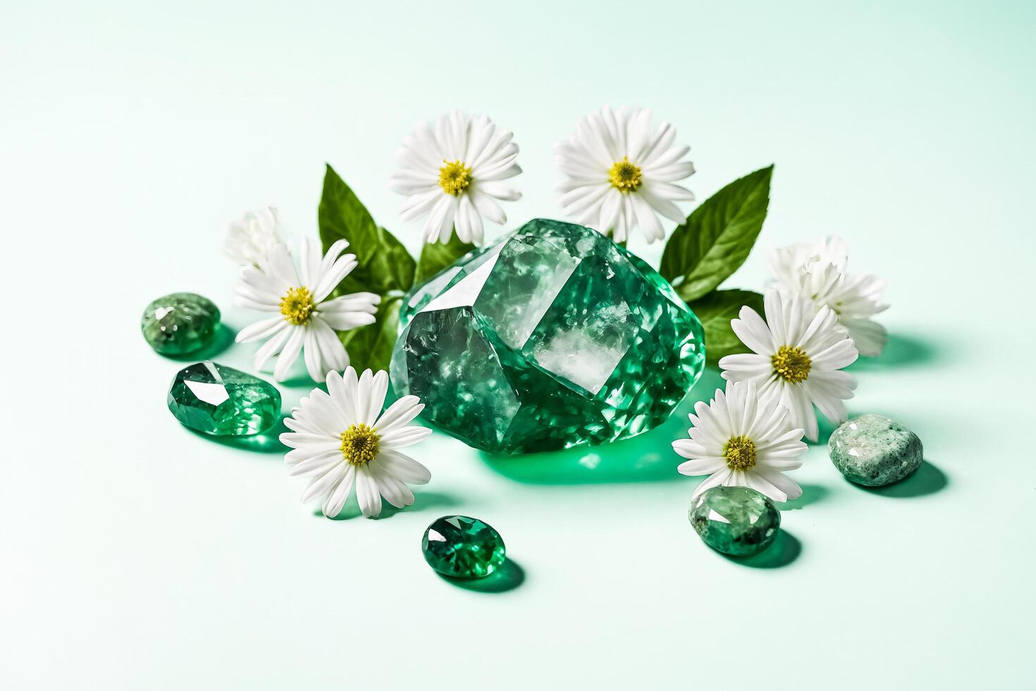 Emerald Gemstone with Daisies on Mint Green Background photo