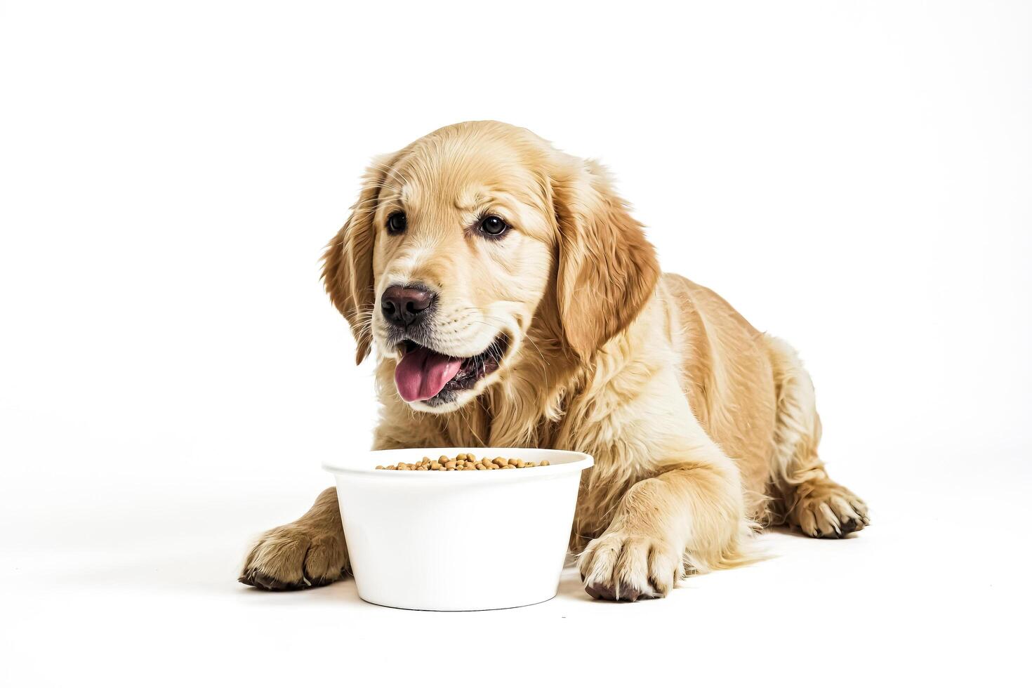 Golden Retriever Puppy Sitting Next To a Bowl of Food photo