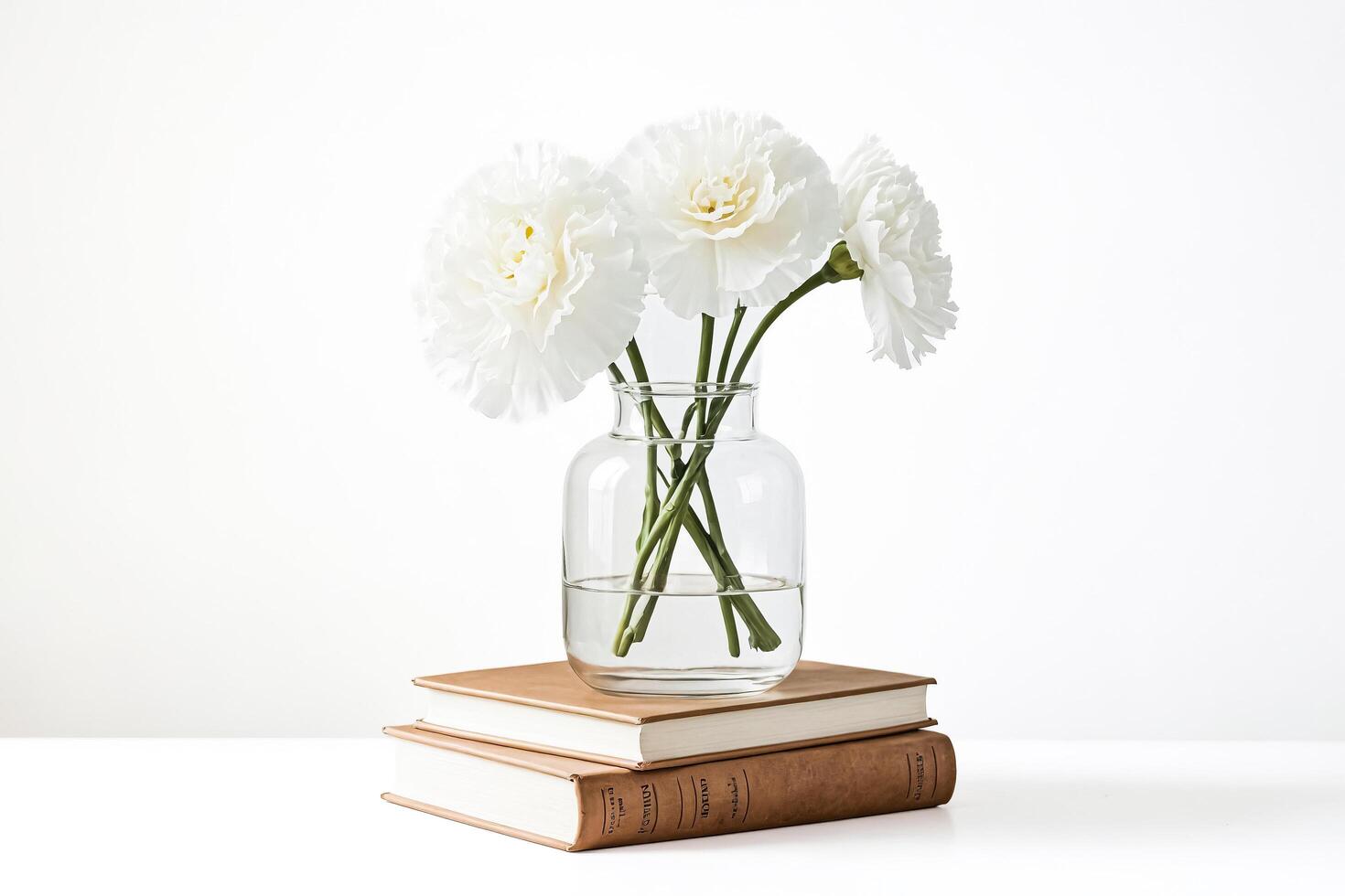White Carnations in Glass Vase on Stacked Books photo