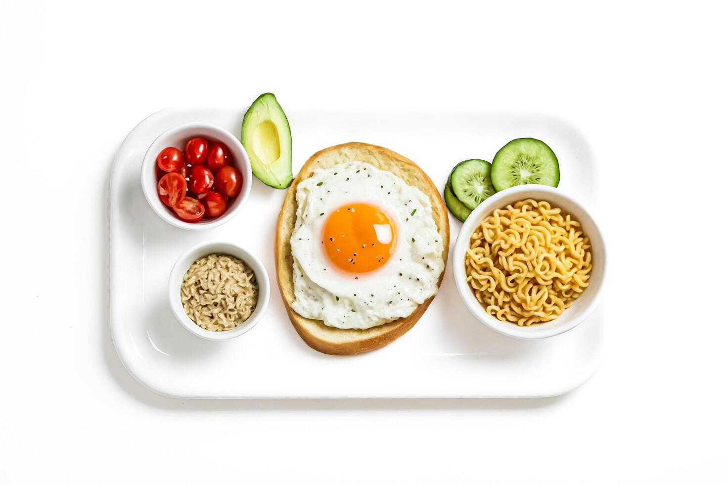Breakfast Plate with Fried Egg, Toast, Cherry Tomatoes, Avocado, Cucumber, and Instant Noodles photo