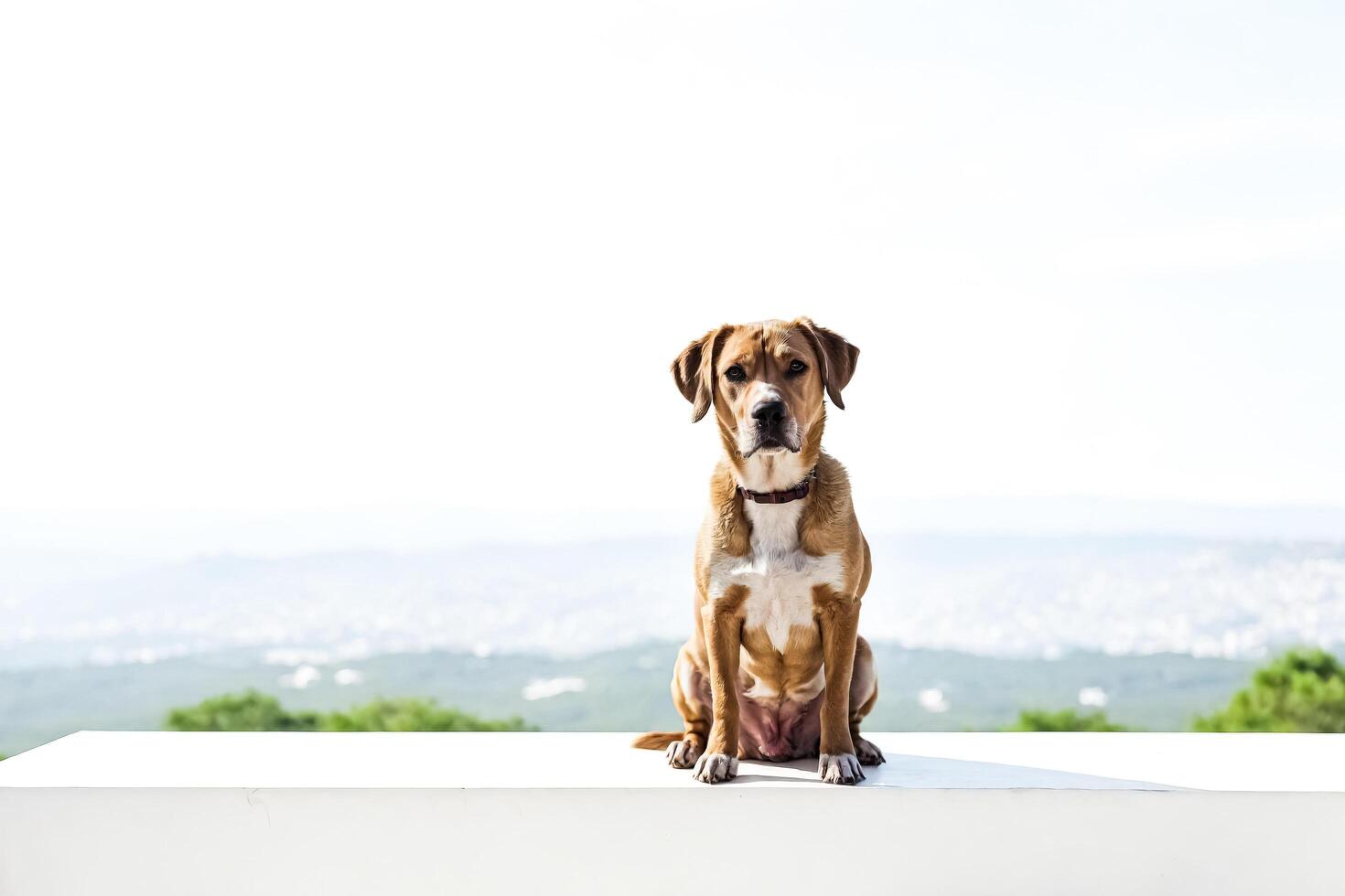 Dog Sitting on a White Wall With a Blurred Background photo