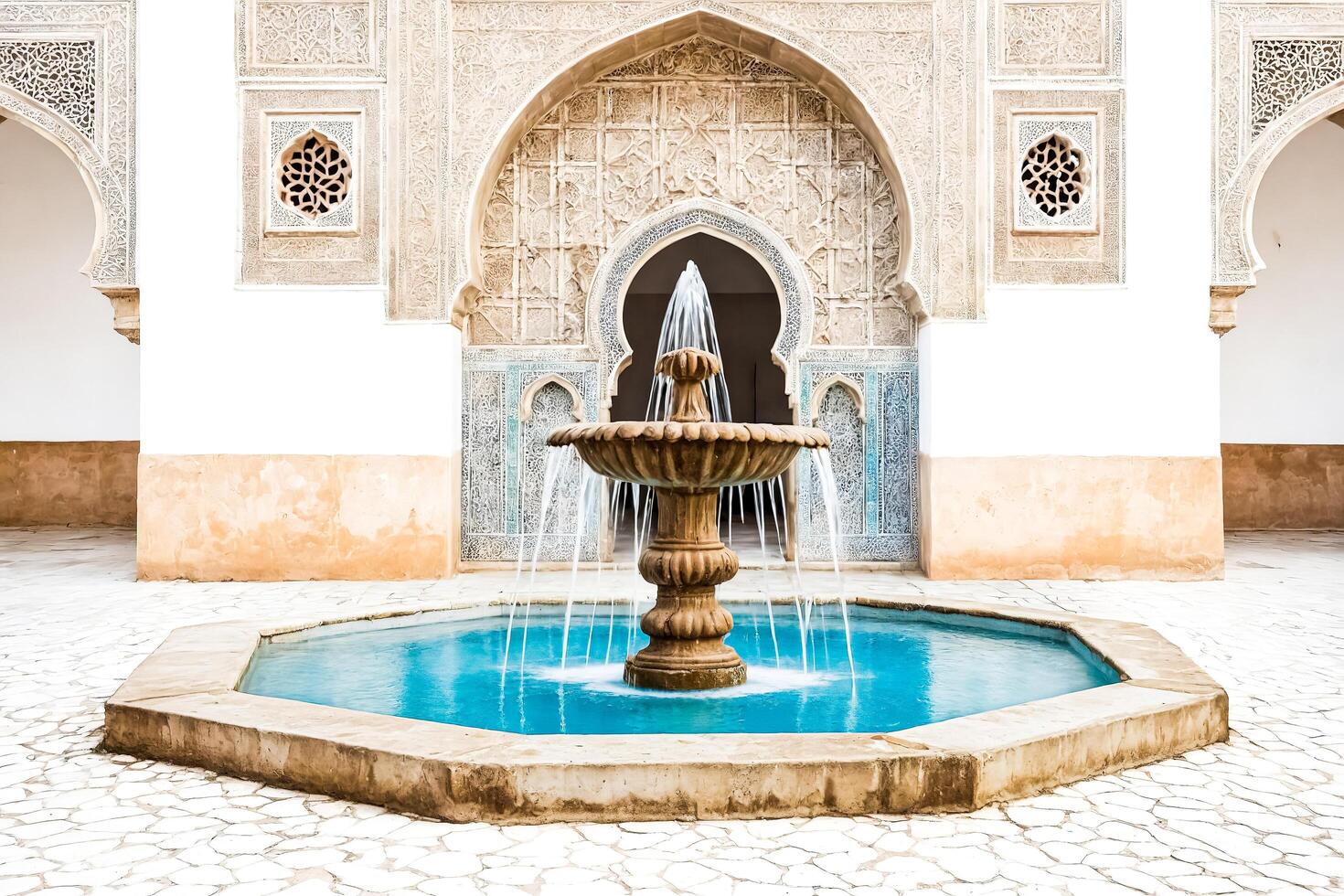 Stone fountain in a courtyard with intricate architectural details photo