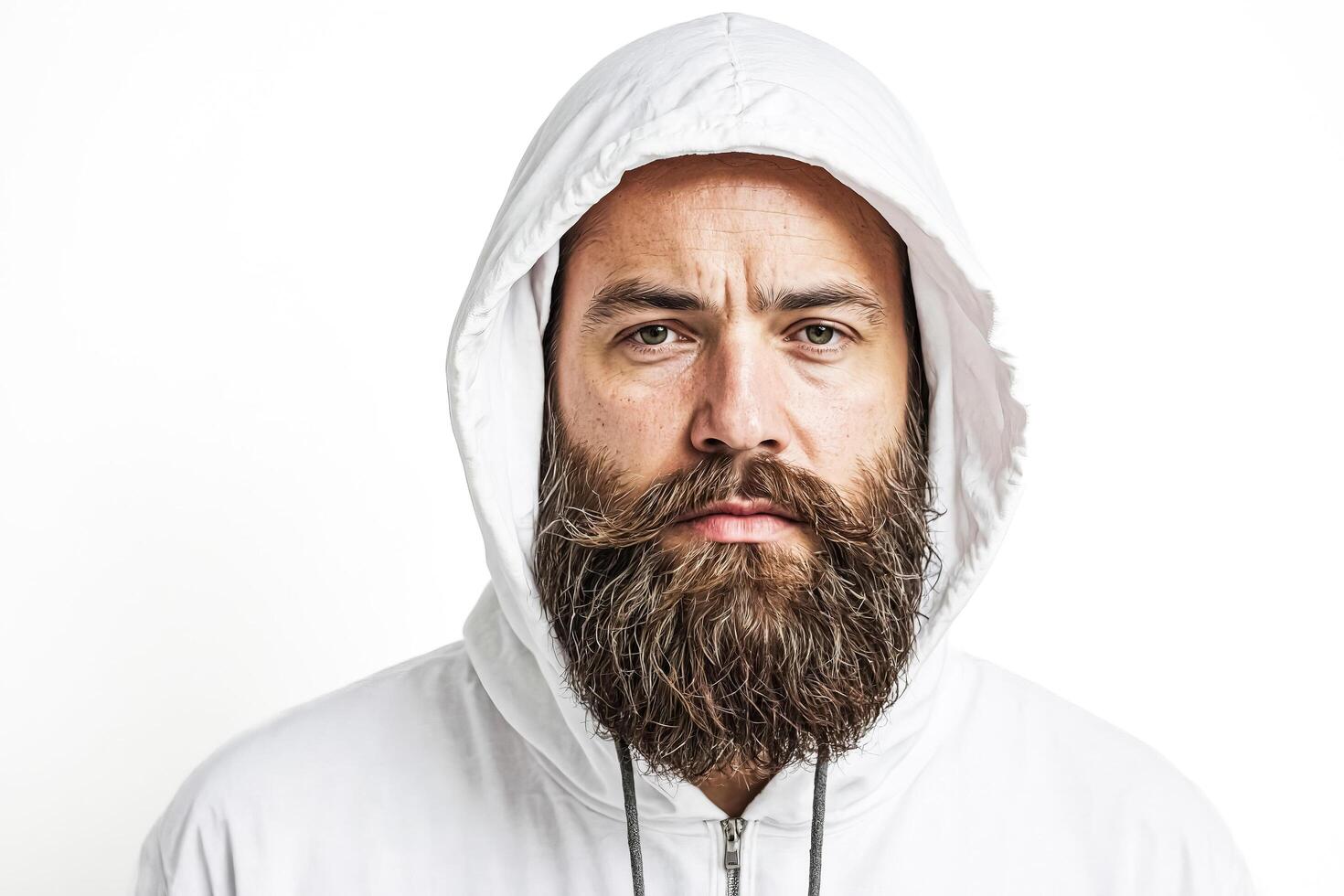 Portrait of a Man with a Long Beard Wearing a White Hoodie photo