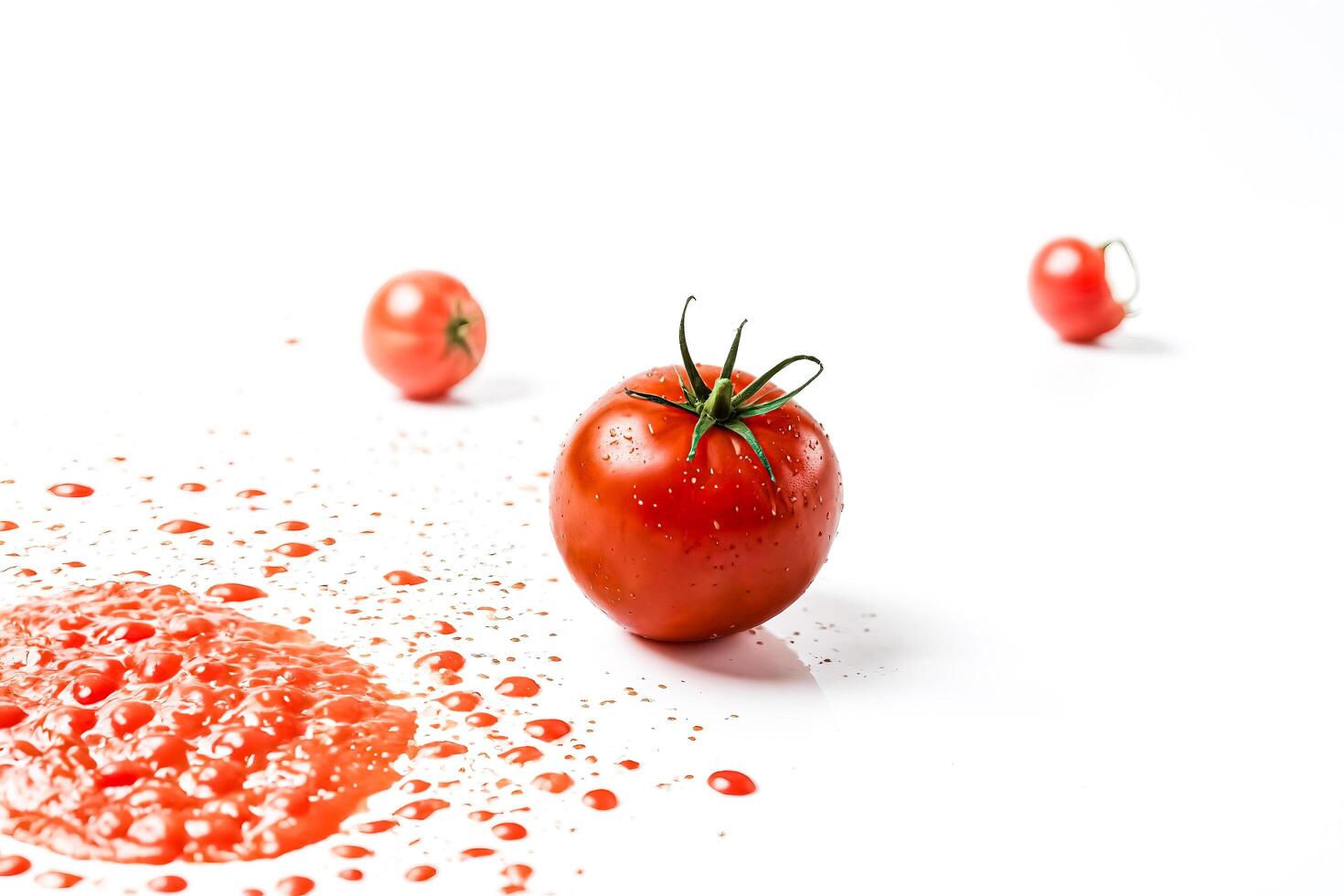 Ripe Tomatoes Splashed With Juice on a White Background photo