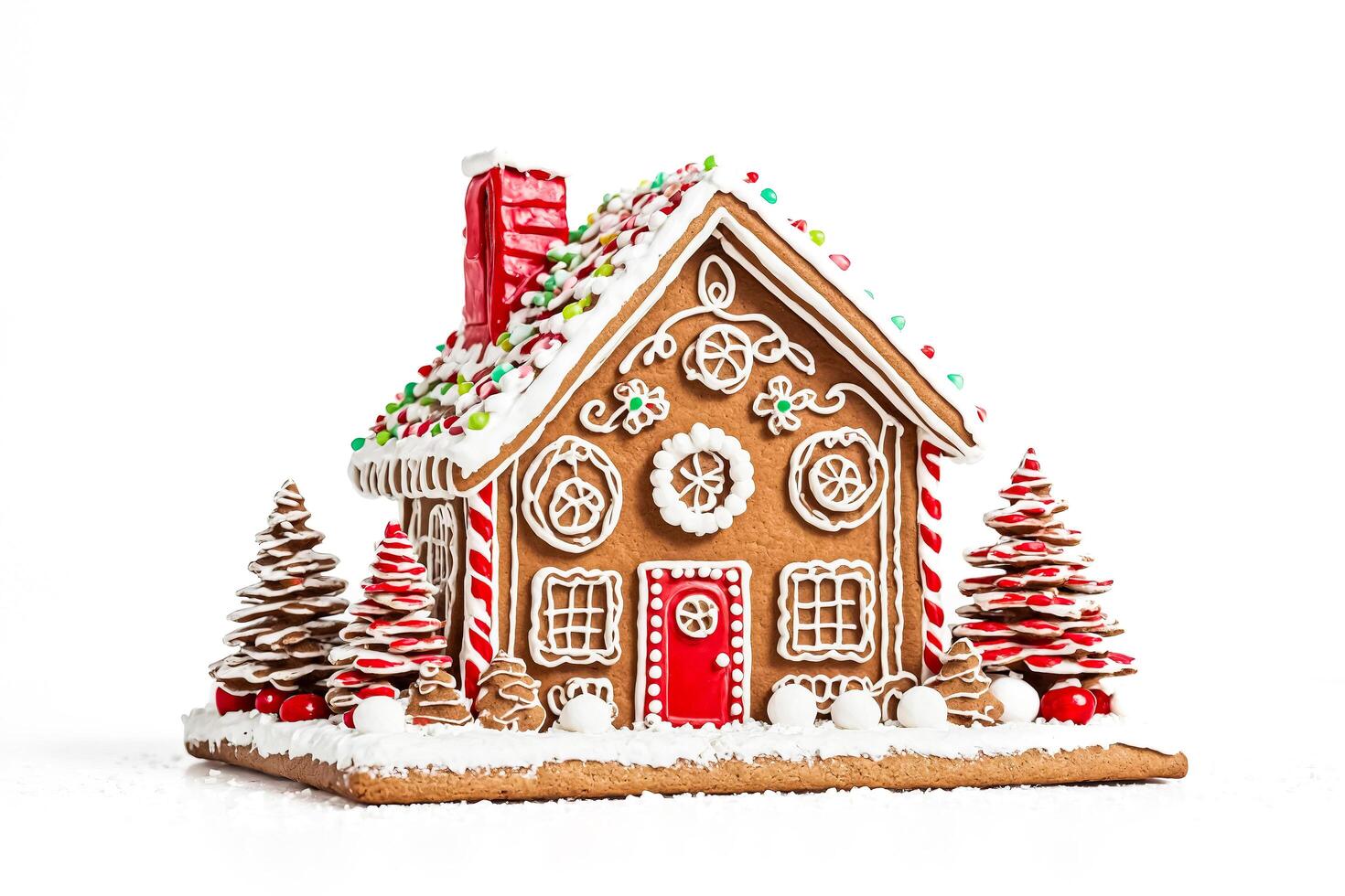 Decorated gingerbread house with candy and icing photo