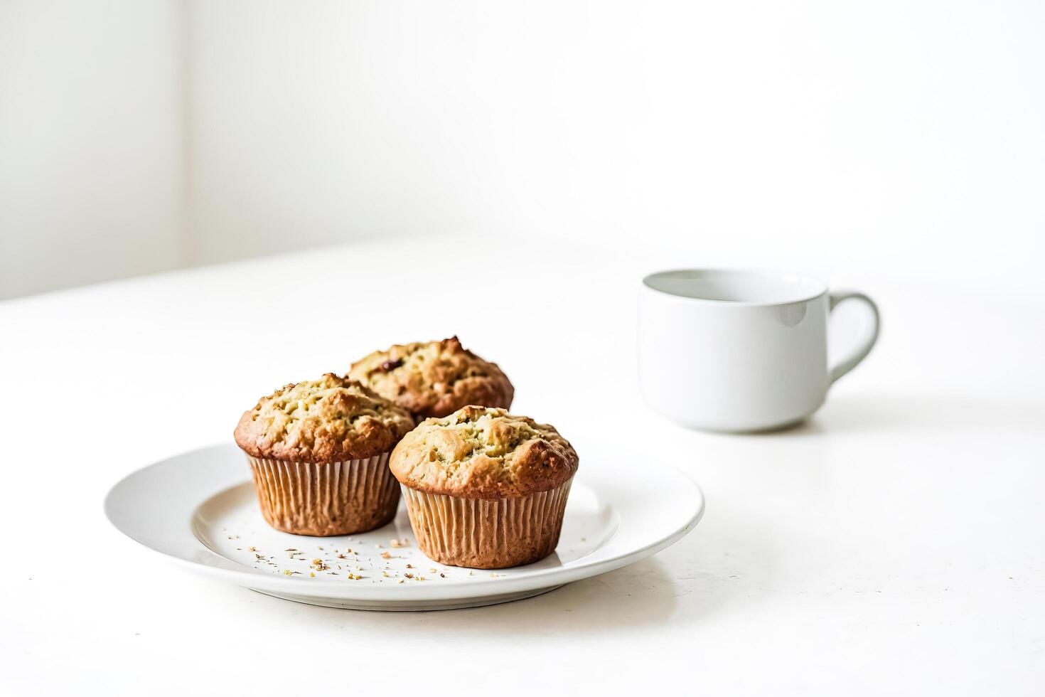 Close-up of three muffins on a white plate photo