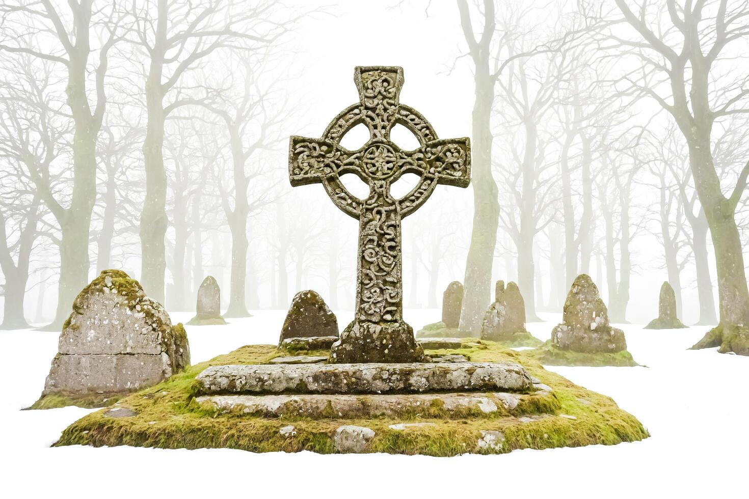 Celtic Cross in a Foggy Forest photo
