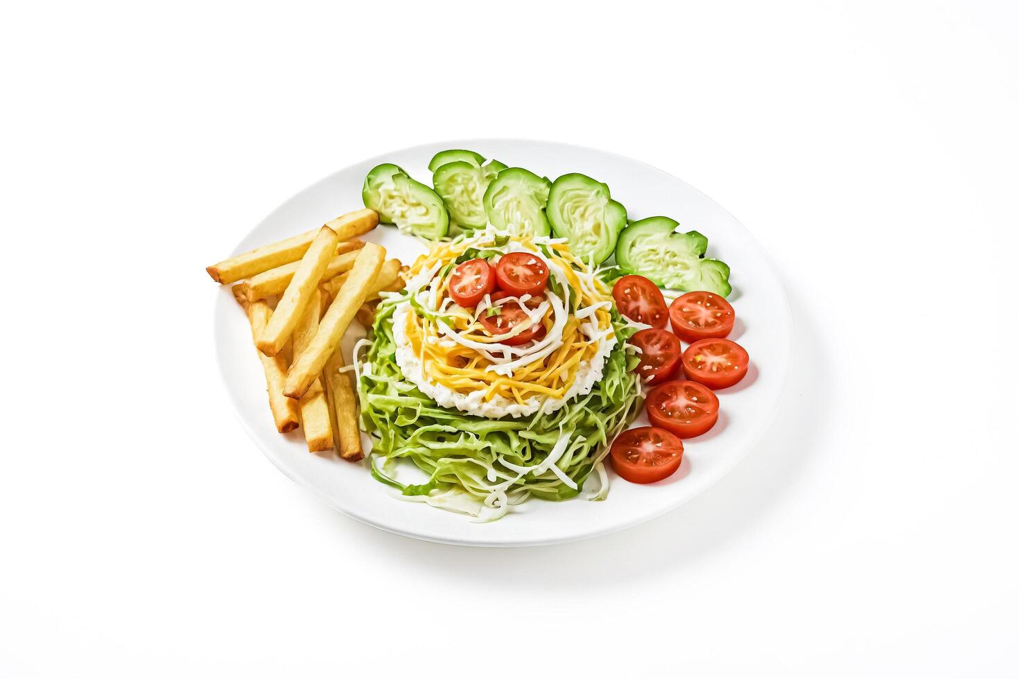 Delicious Salad with French Fries, Cucumber, and Tomatoes on a White Plate photo