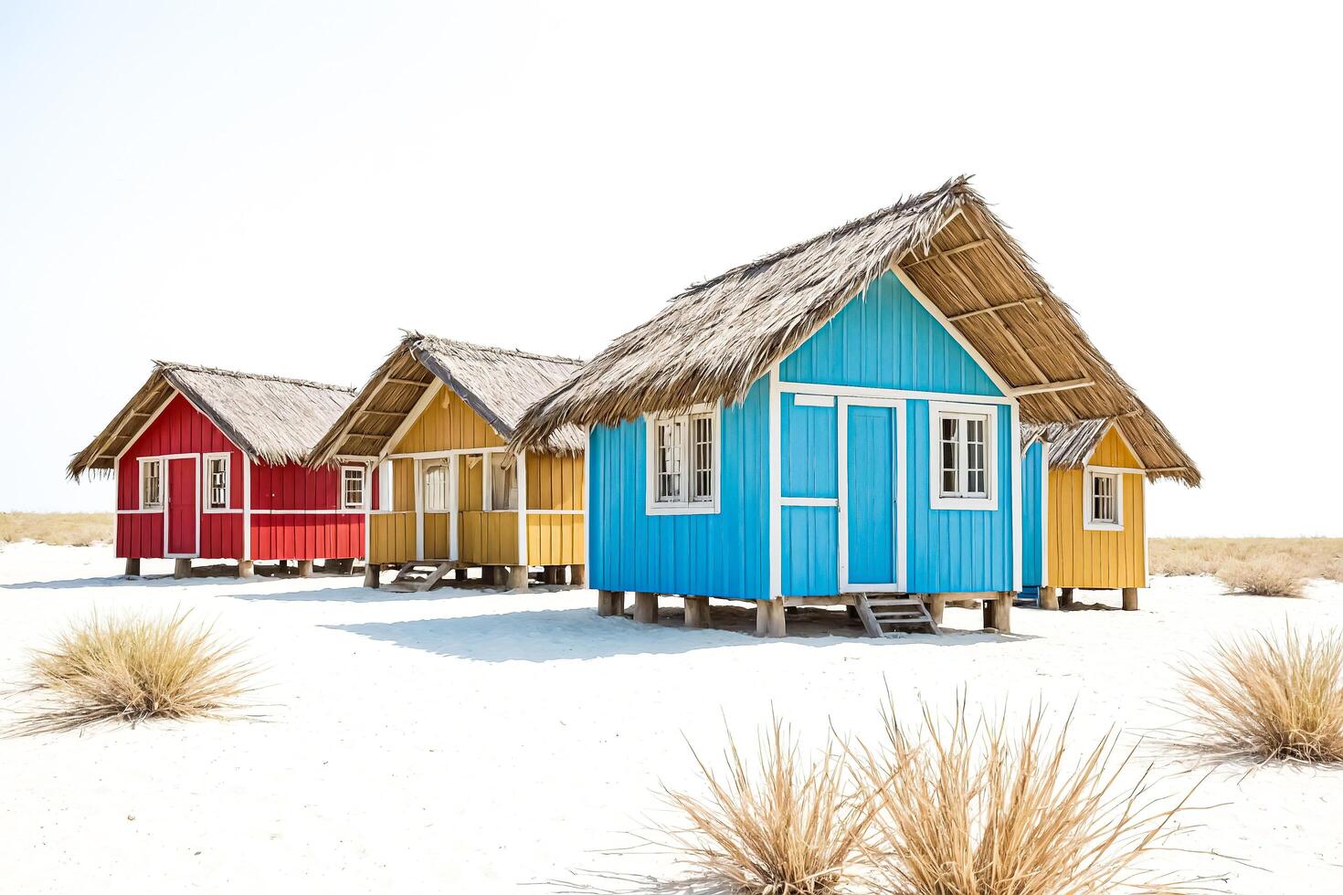 Colorful Beach Cabins with Thatched Roofs photo
