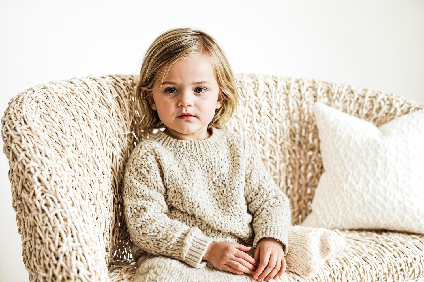 Little Girl Sitting on a Wicker Couch photo