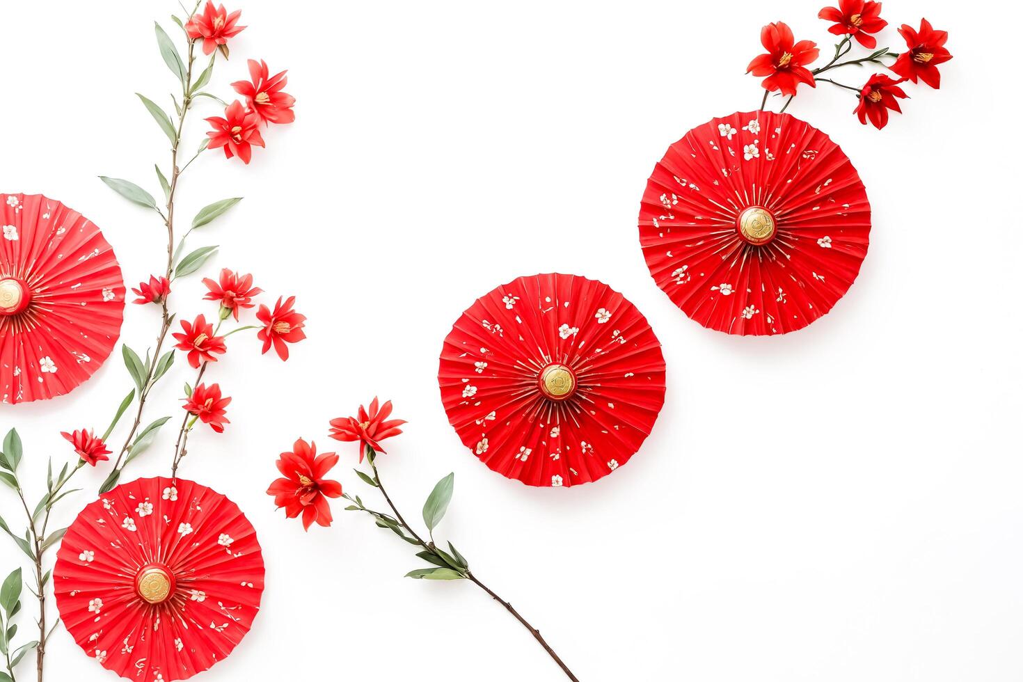 Red Chinese Umbrellas and Flowers on White Background photo