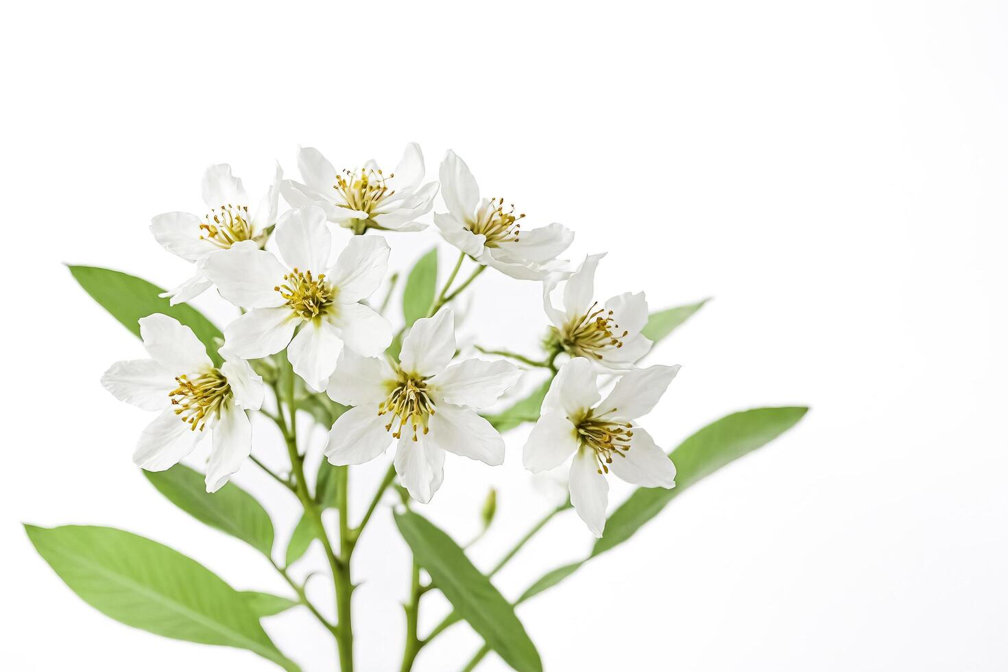 Delicate White Flowers with Green Leaves Isolated on White Background photo