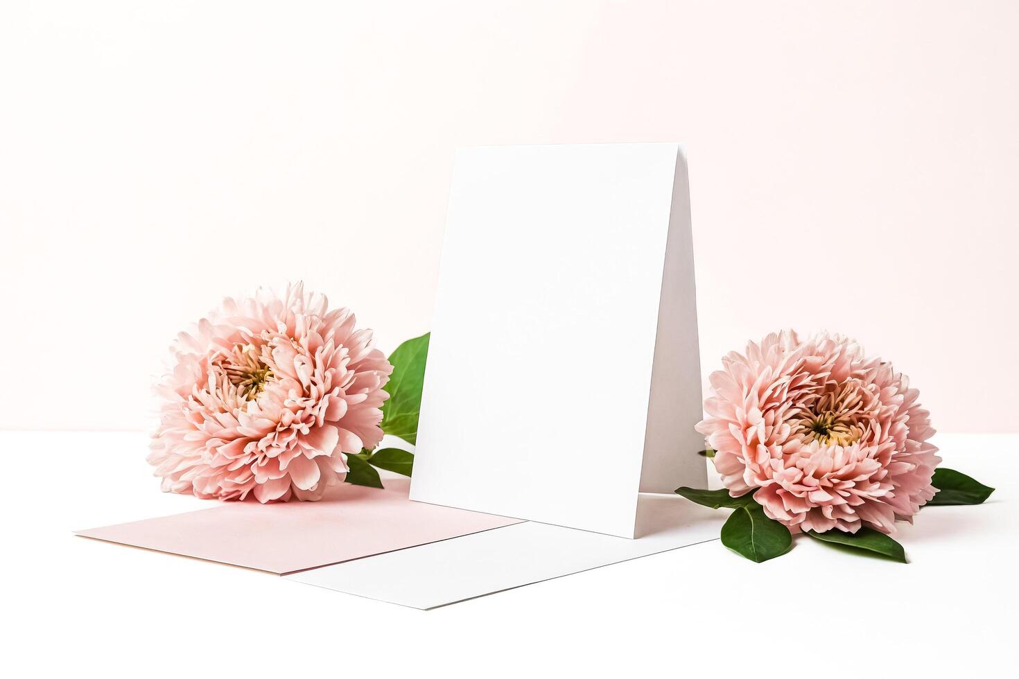 Blank Greeting Card Mockup with Pink Flowers photo
