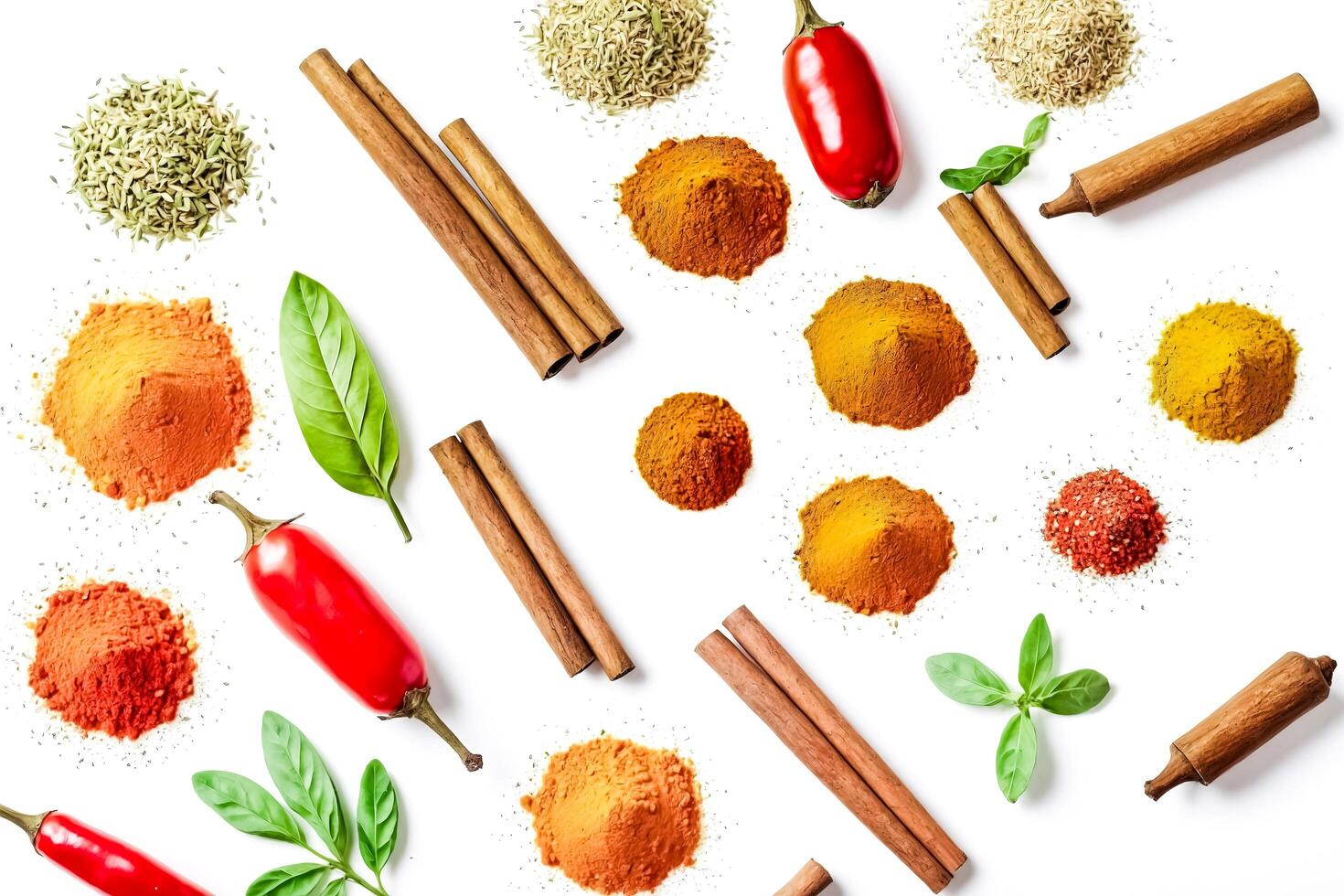 Spices and Herbs Scattered on White Background photo