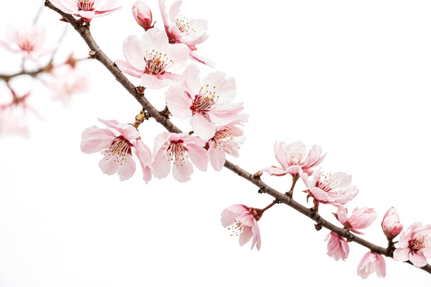 Delicate Pink Cherry Blossoms on a Branch Against a White Background photo