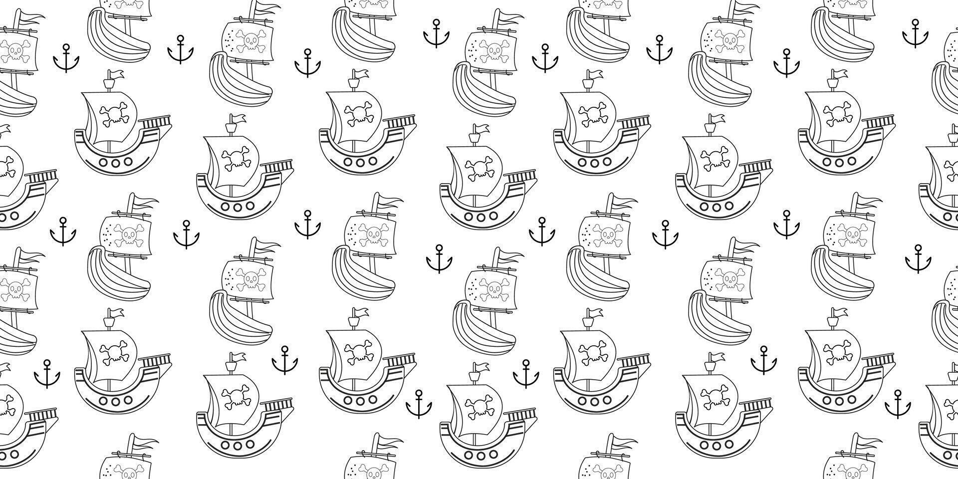 Pirate outline ship seamless pattern in flat design vector