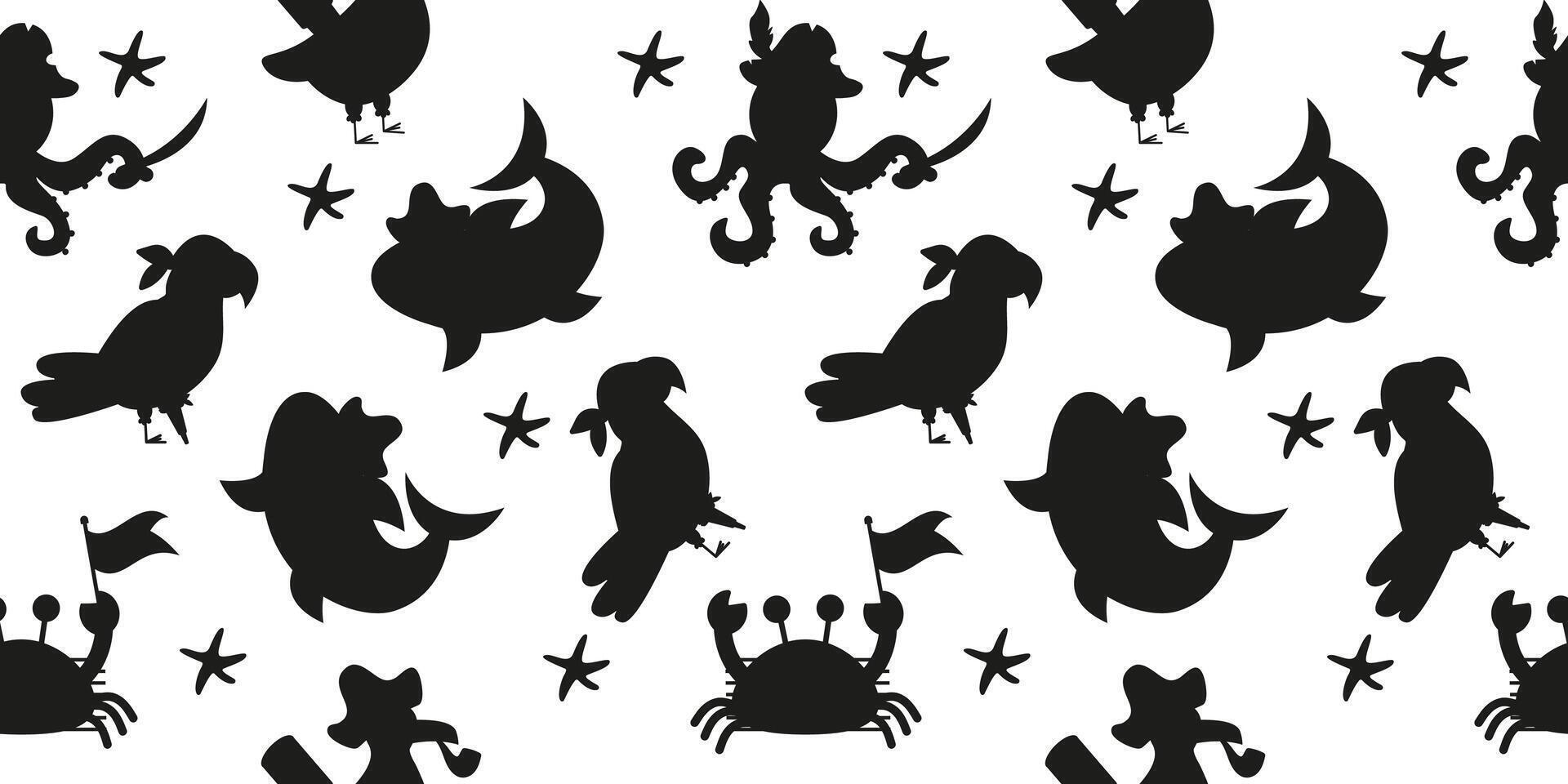 Seamless pattern silhouette characters pirate octopus parrot shark crab skull vector