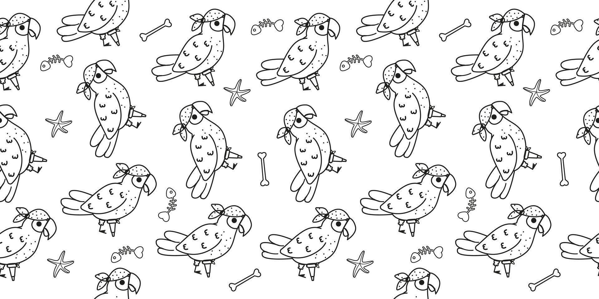 Parrot outline pirate character seamless pattern in flat design vector